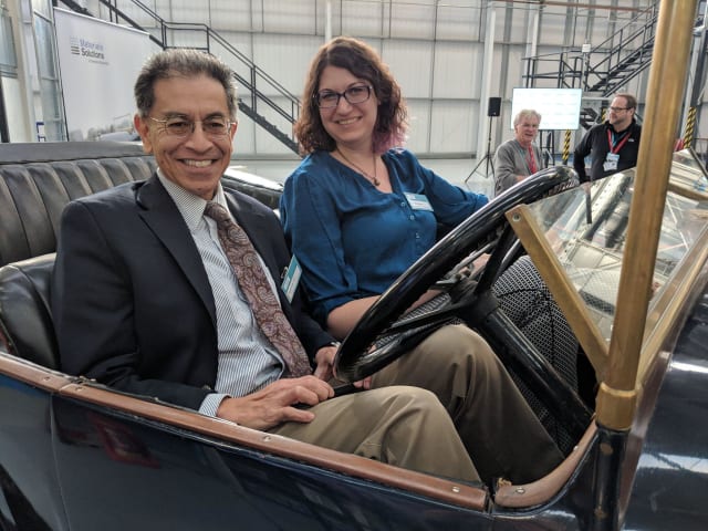 [Engineering.com’s Roopinder Tara, left, and author Sarah Goehrke share a seat in the classic Ruston Hornsby // Image source: Author]
